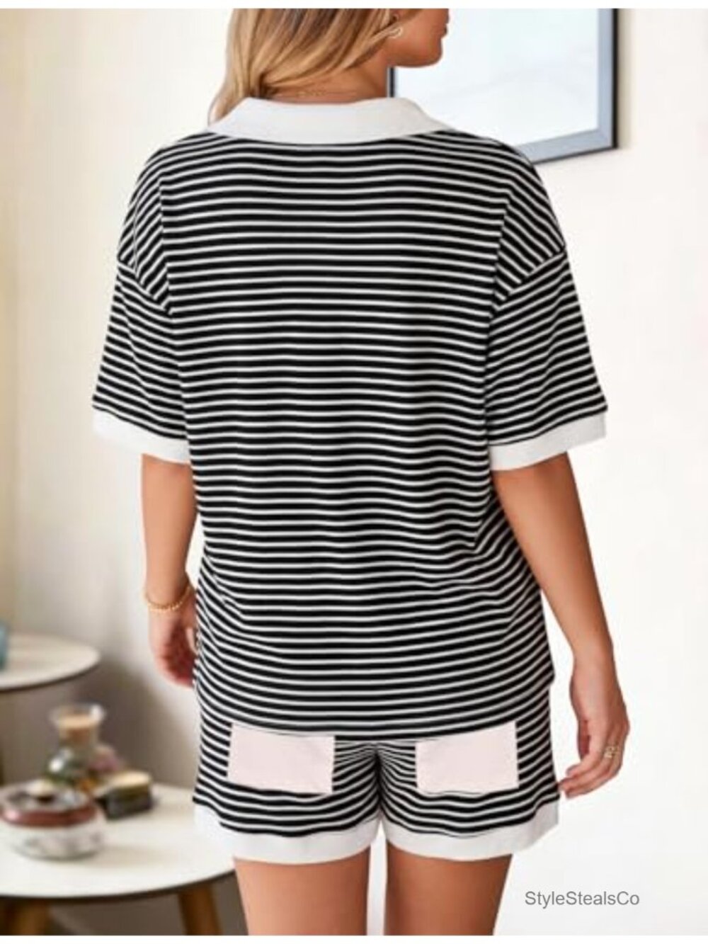 Women's 2 Piece Shorts Set Striped Waffle Knit Matching Outfit V-Neck - Picture 4 of 5